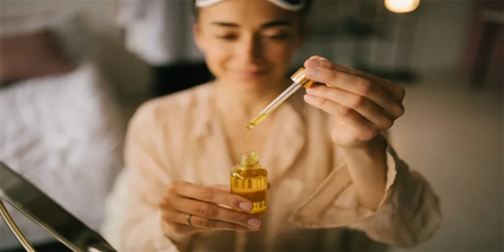 Portrait of beautiful young woman holding natural face oil