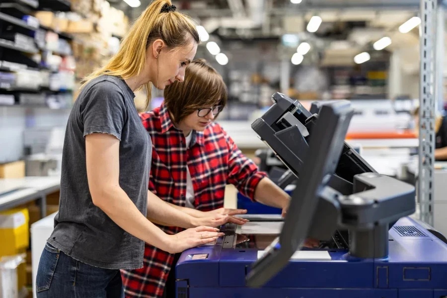 Professional female employees working in a printing house