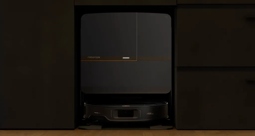 Robotic vacuum cleaner with mechanical arm displayed at CES 2025.