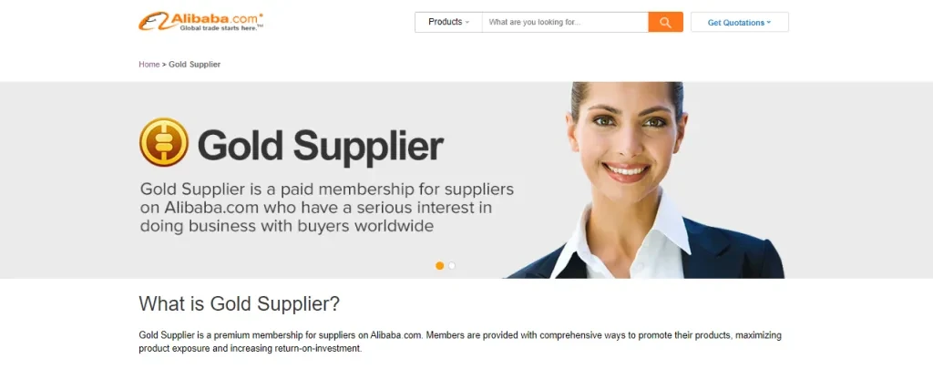 Screenshot of Alibaba’s Gold Supplier promotion