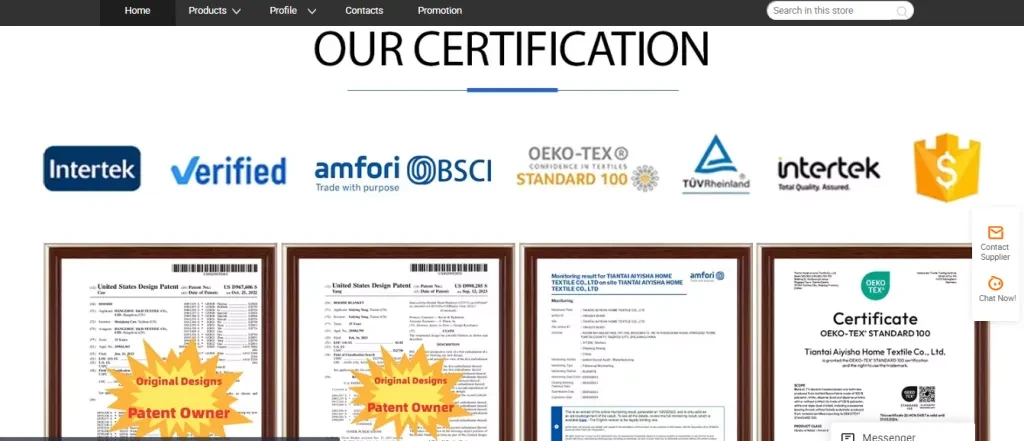 Screenshot of an Alibaba supplier with multiple certificates