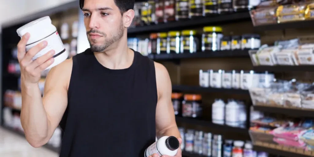 Serious muscular guy holding sport nutrition products in sport shop