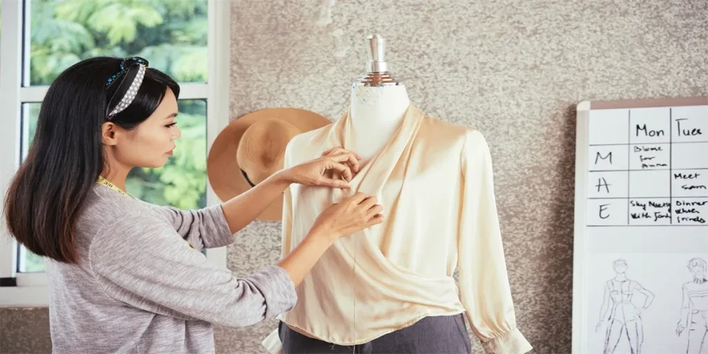 Side view of Asian female tailor creating elegant blouse on dummy while working in studio