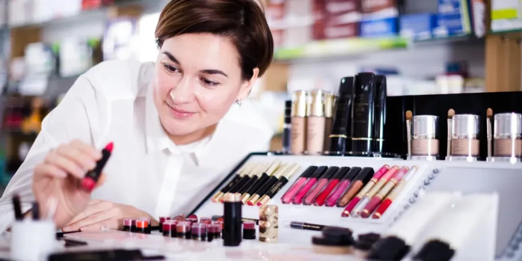 Smiling customer browsing rows of cosmetic products in pharmacy