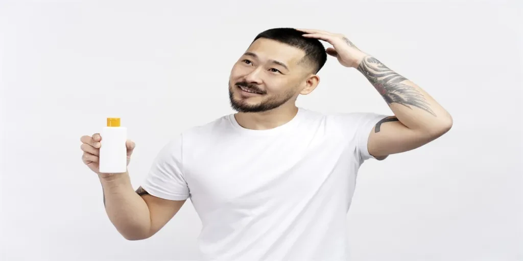 Smiling man is holding a bottle of shampoo and touching his hair while looking away from the camera