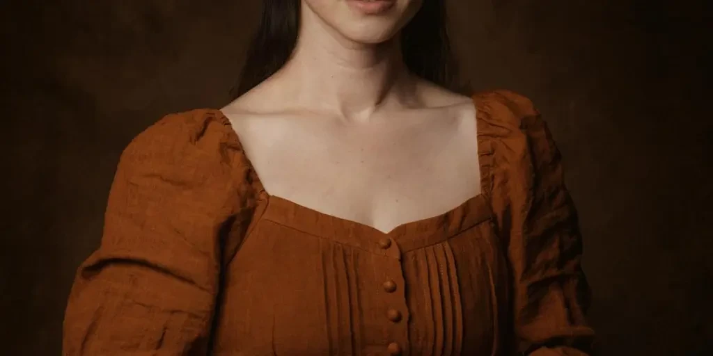 Stunning studio portrait of a woman in a brown medieval-style gown with lace details