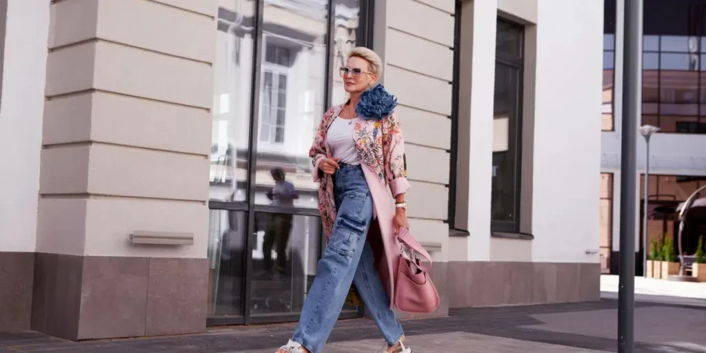 Stylish mature woman walks near city building, wearing cargo jeans