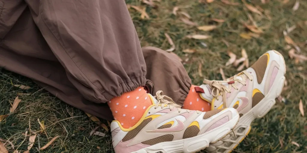 Stylish sneakers paired with orange socks in an autumn park setting