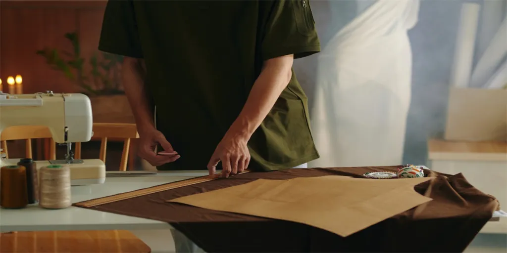 Tailor using pattern and ruler to cut dress at table in workshop