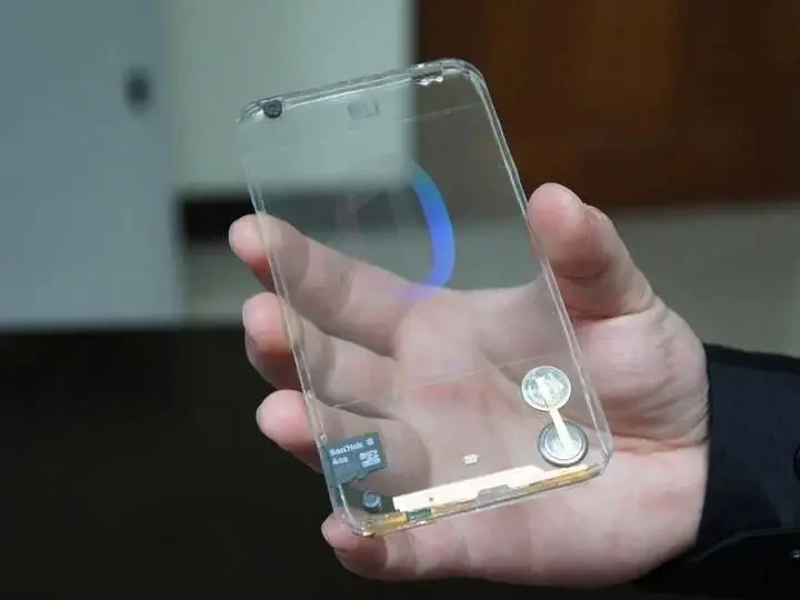 Transparent smartphone showing internal components.