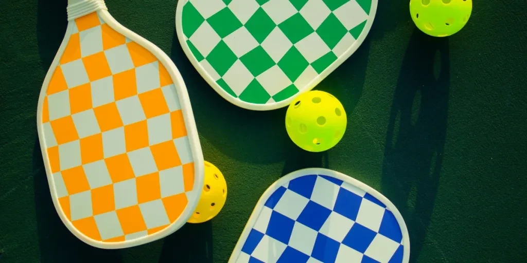 Vibrant pickleball paddles and balls arranged on a sunny sports court