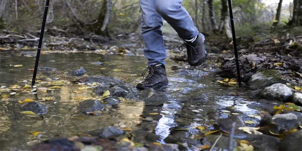 Waterproof Good Hiking Boots in Action Close up in Autumn Colours