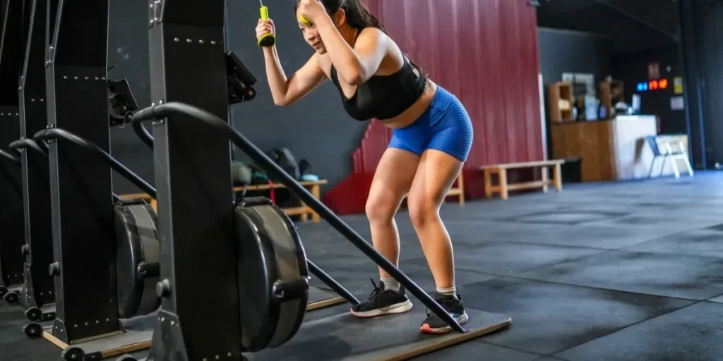 Woman working out using lat machine to pull weights