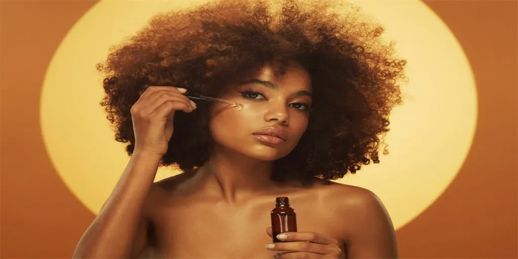 Young african woman applying serum to her face with dropper like a part of her skin care routine