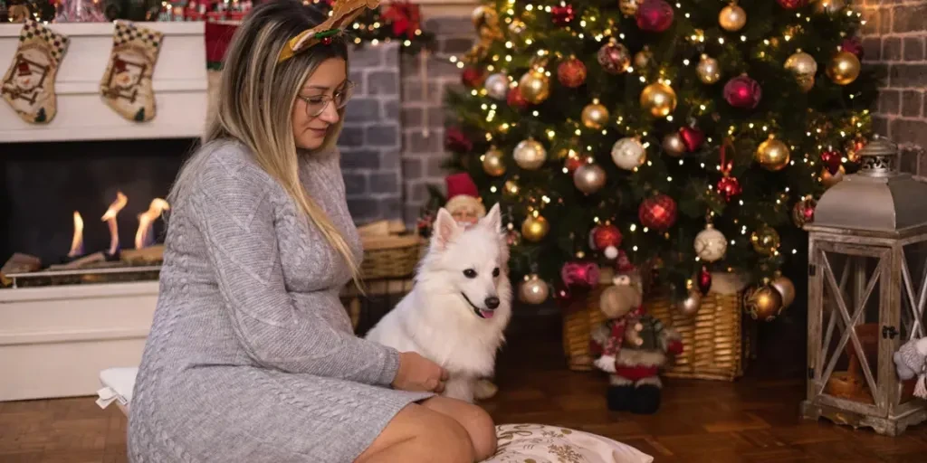 Young beautiful pregnant woman sitting on a floor and playing with her dog in a cozy Christmas atmosphere