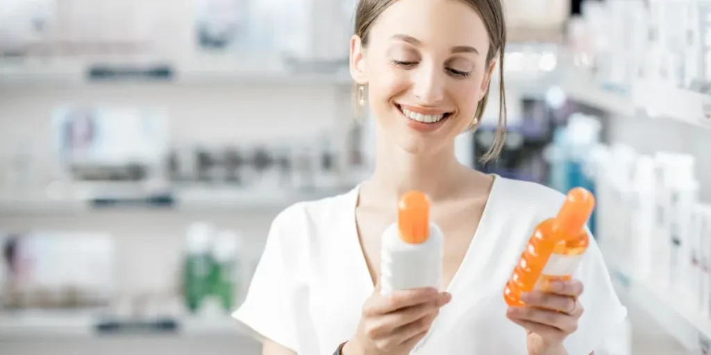 Young woman customer choosing sunscreen lotion at the pharmacy store