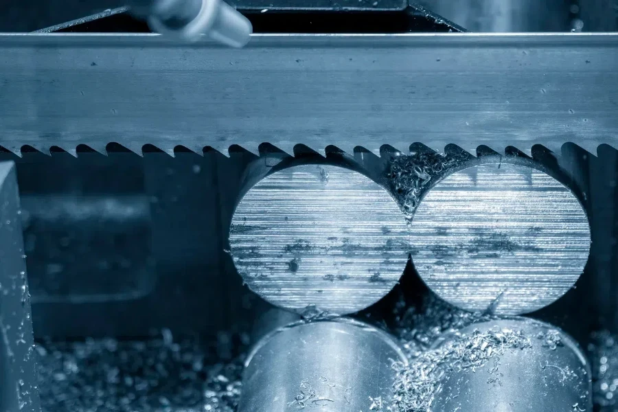 A bandsaw blade being used to cut metal