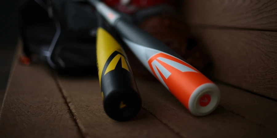 a baseball bat and a bag sitting on a bench