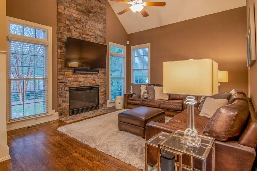 A leather sofa in a cozy-looking lounge