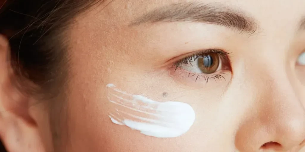 asian woman with eye cream on face