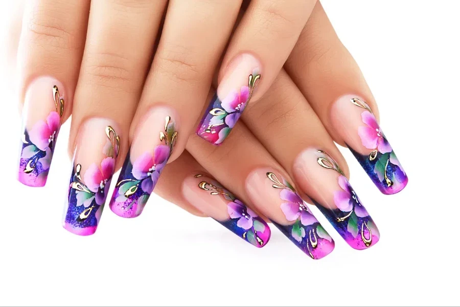 Beautiful coffin nails with floral and gold pattern