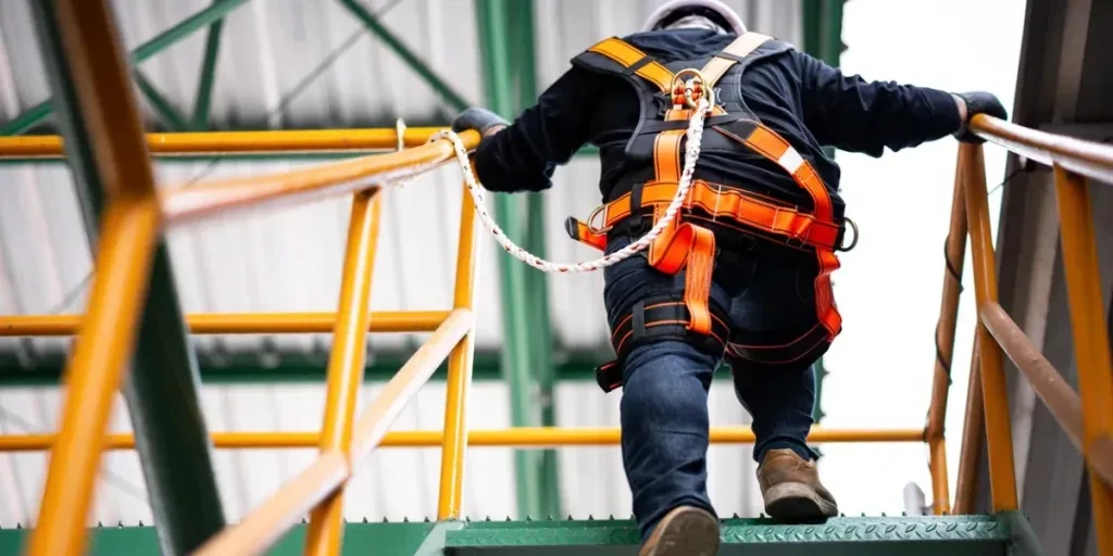 construction worker wearing safety harness