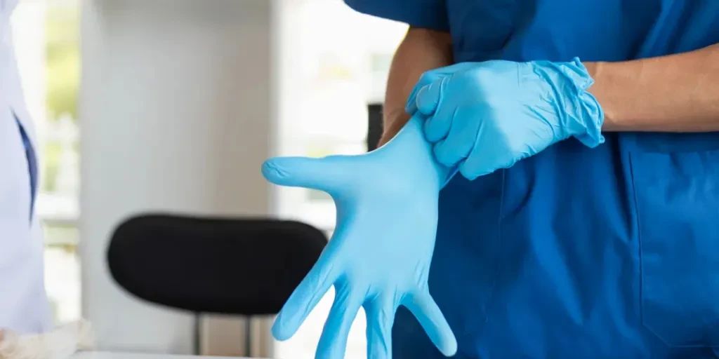 doctor is wearing blue rubber gloves prevent direct contact 