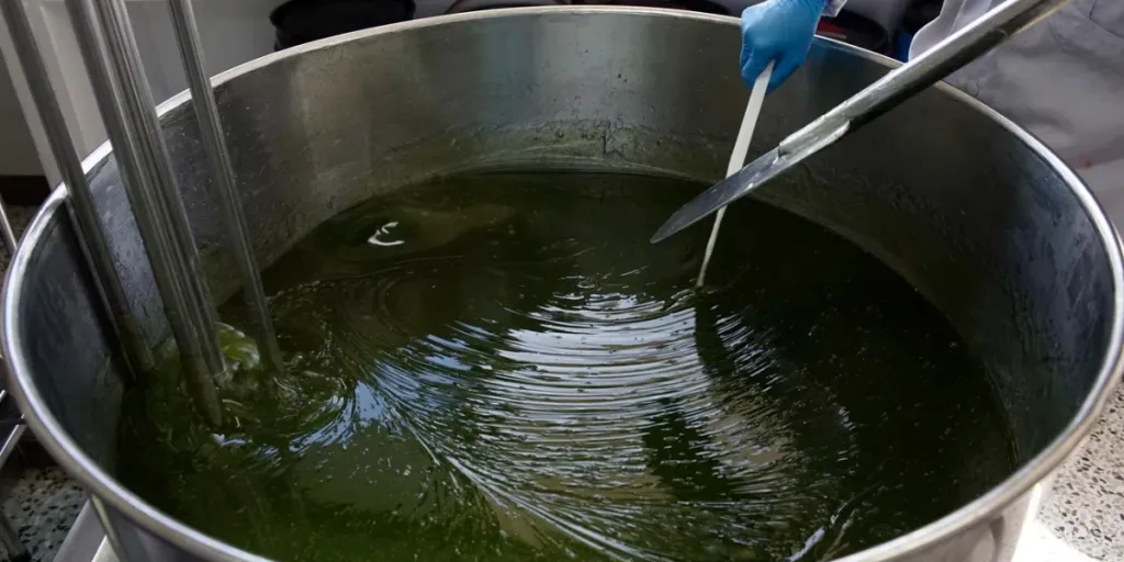 Emerald gel being mixed in a homogenizer tank