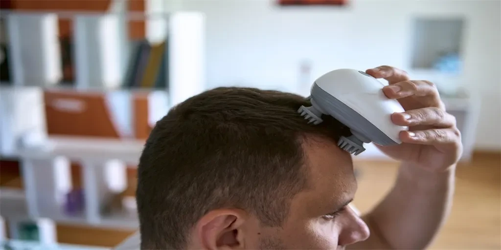 man massages his head with an electric massager for hair growth