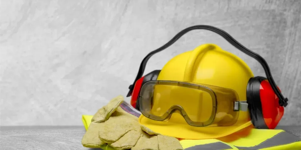 safety helmet with earphones and goggles on construction background