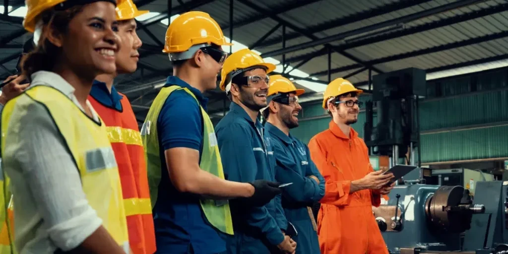 skillful worker attending brief meeting in the factory