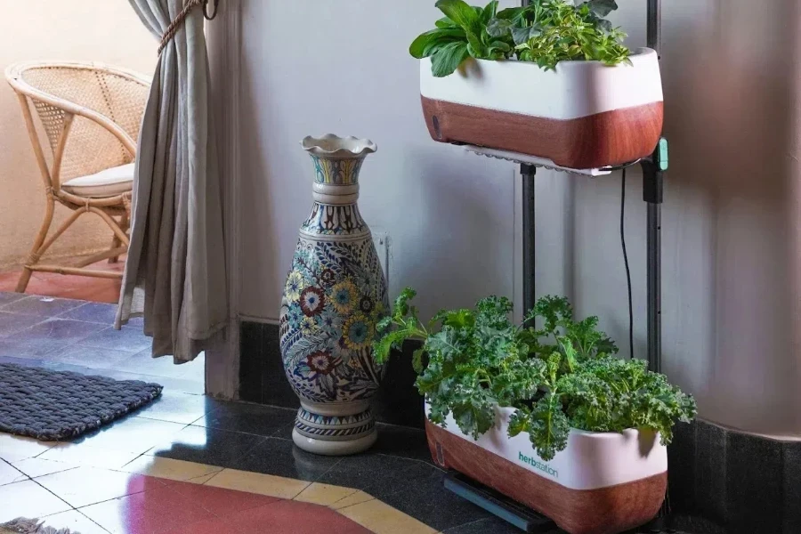 vertical garden in white floral ceramic vase