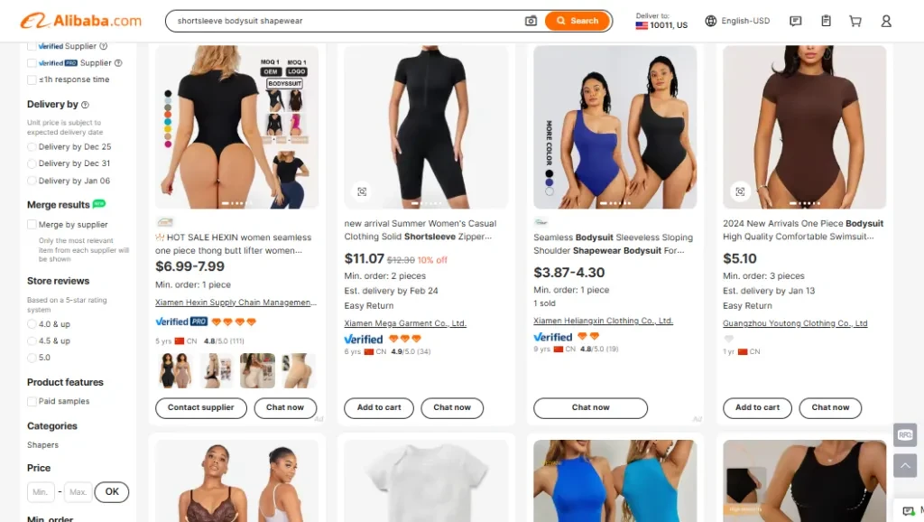 A screenshot of a short-sleeve bodysuit Alibaba listing