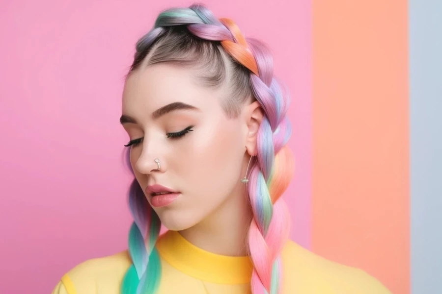 A woman in multi-colored butterfly braids