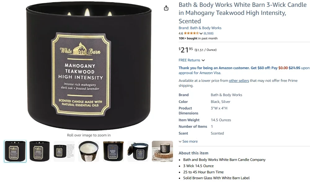 Bath & Body Works White Barn 3-Wick Candle in Mahogany Teakwood High Intensity