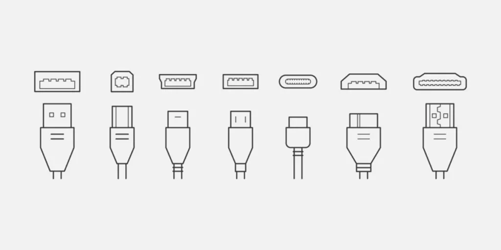 Cable connectors and plugs line icons set