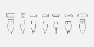 Cable connectors and plugs line icons set