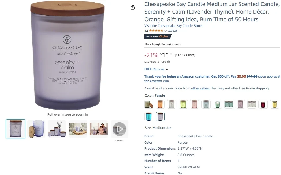 Chesapeake Bay Candle Medium Jar Scented Candle, Serenity + Calm (Lavender Thyme)