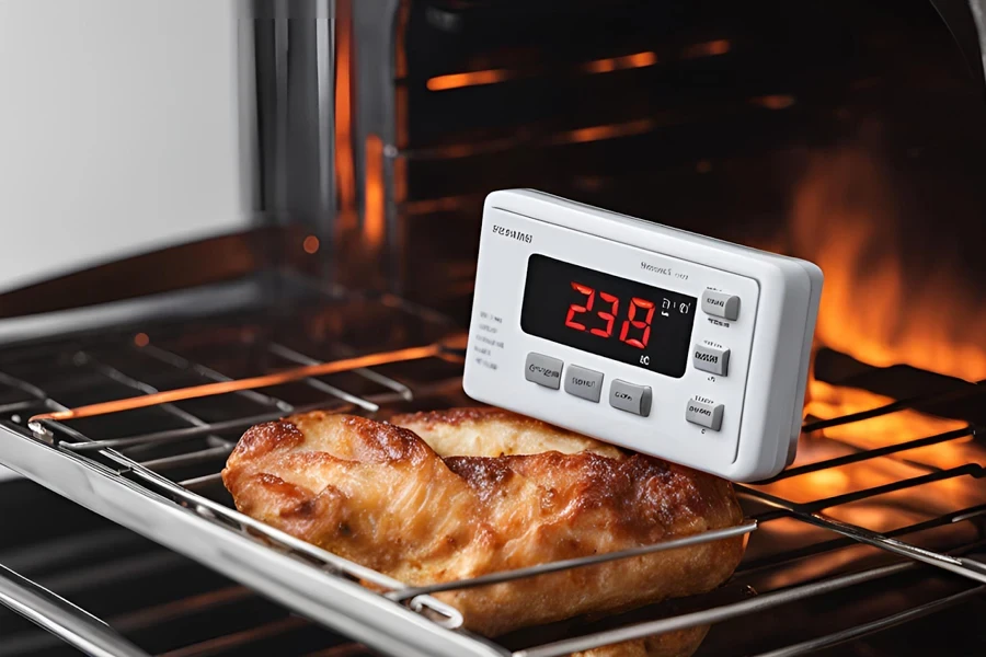 Digital oven thermometer placed on an oven tray