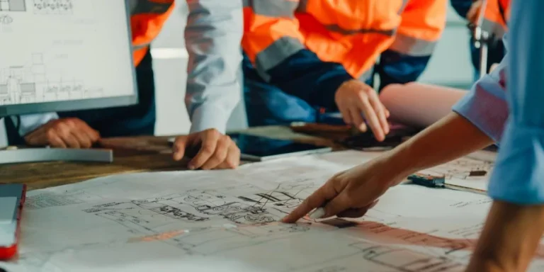 Встреча промышленных инженеров для анализа чертежей оборудования