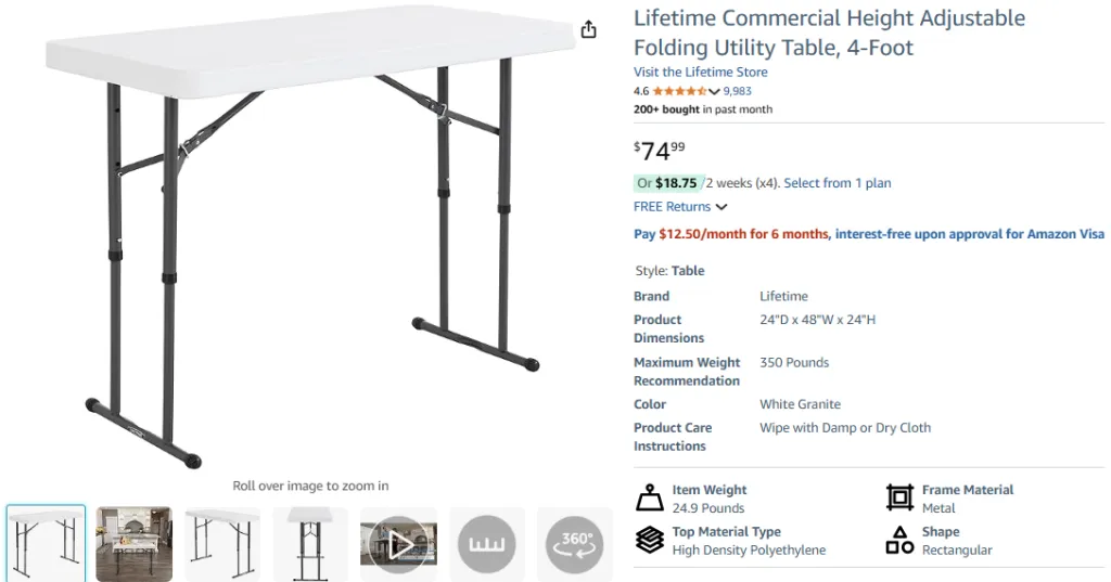 Lifetime Commercial Height Adjustable Folding Utility Table