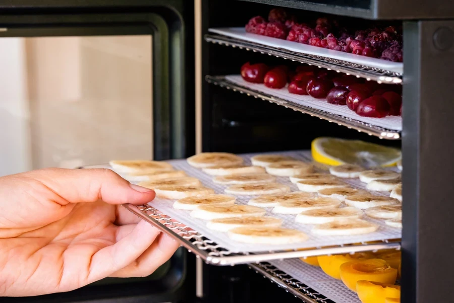 Person checking fruits in a horizontal dehydrator