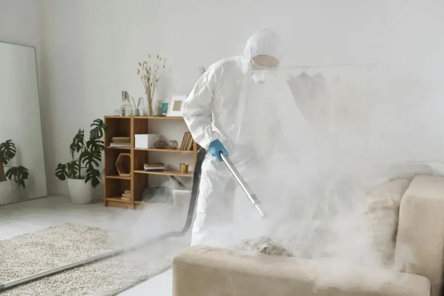 Person disinfecting a protective clothing couch