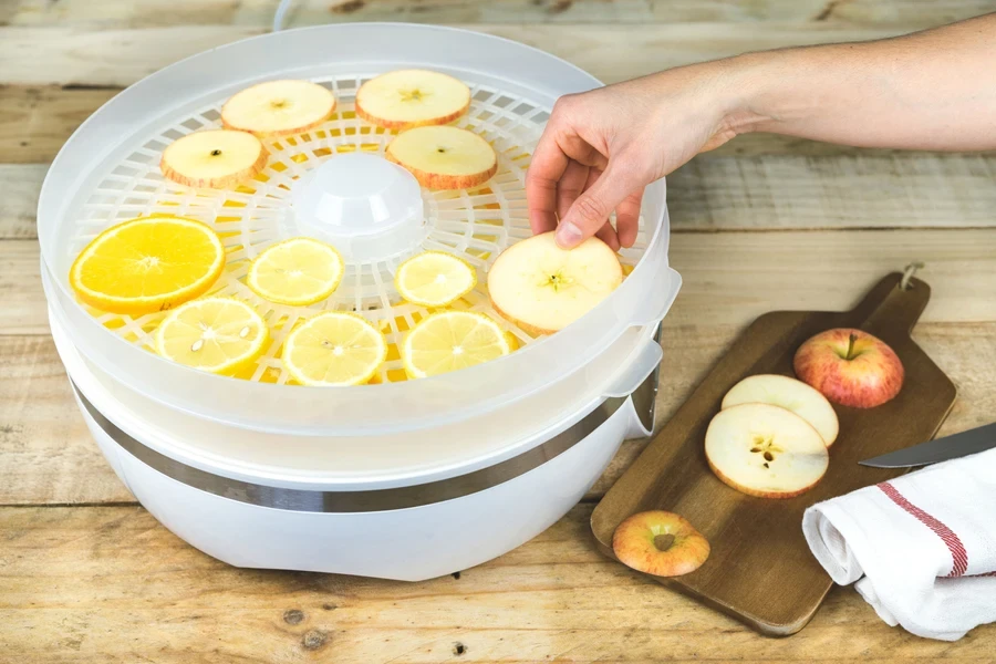 Person placing fruits in a food dehydrator