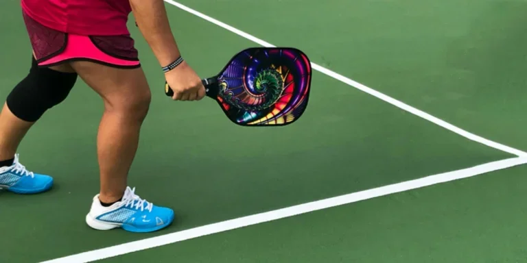 Player wearing cotton pickleball socks with blue and white shoes