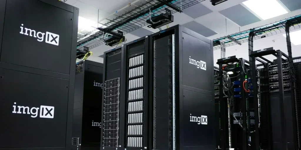 Rackmount computers on racks in a server room