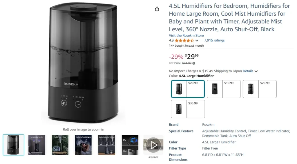 Rosekm 4.5L Humidifier for Bedroom and Home