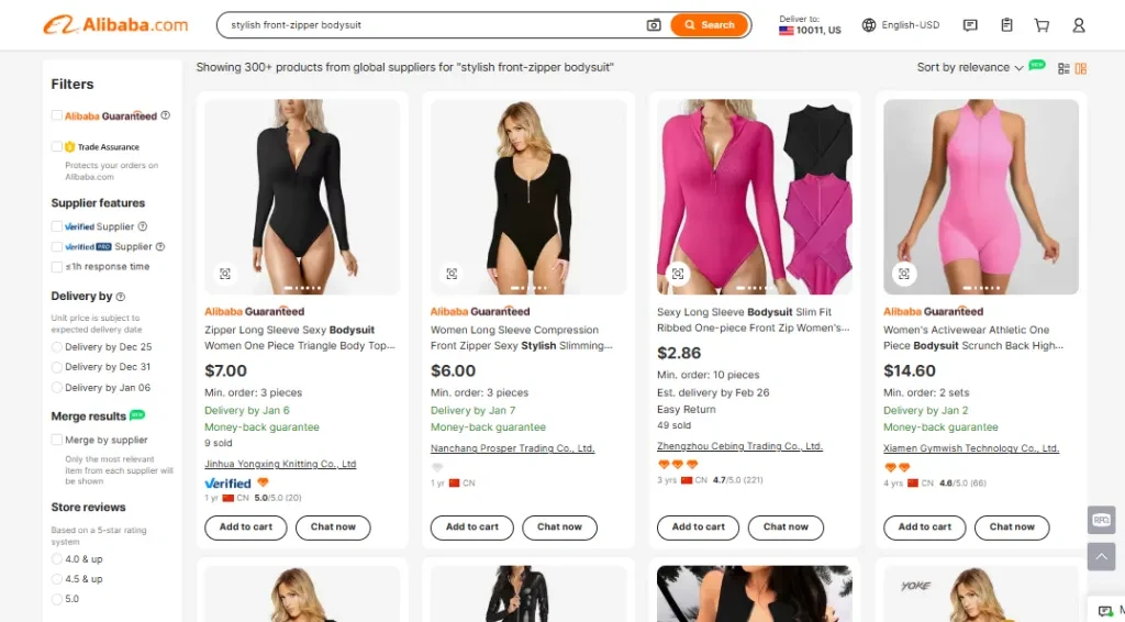 Screenshot of a front-zipper bodysuit listing on Alibaba