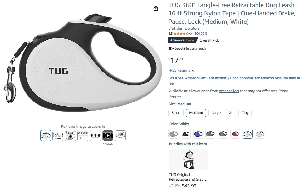 TUG 360° Tangle-Free Retractable Dog Leash