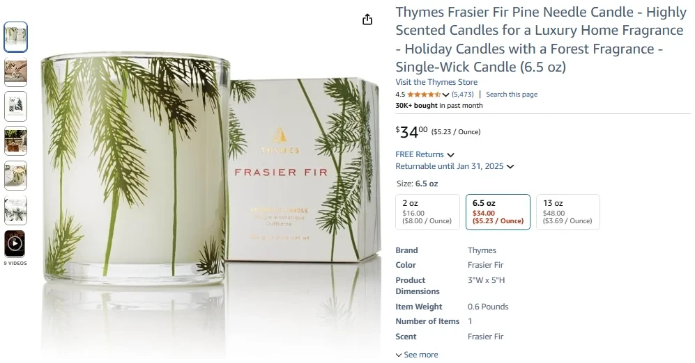 Thymes Frasier Fir Pine Needle Candle